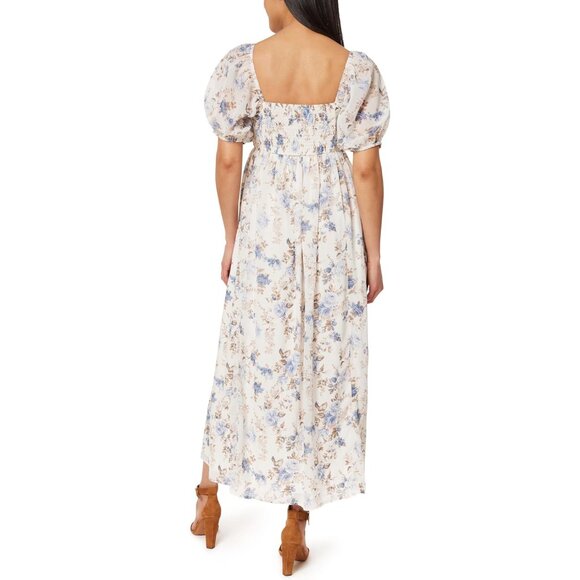 Women's Chiffon Maxi Dress Floral Pleated Bodice Puff Sleeve for Elegant Events - Picture 2 of 3